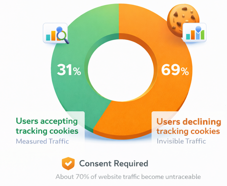 Donut chart showing that roughly 31% of users accept tracking cookies while about 69% decline them, resulting in most traffic being invisible to traditional analytics