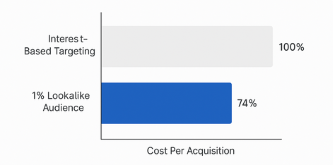 Bar chart comparing cost per acquisition: interest-based targeting at 100% versus 1% Lookalike Audience at 74%, illustrating a 26% reduction in CPA