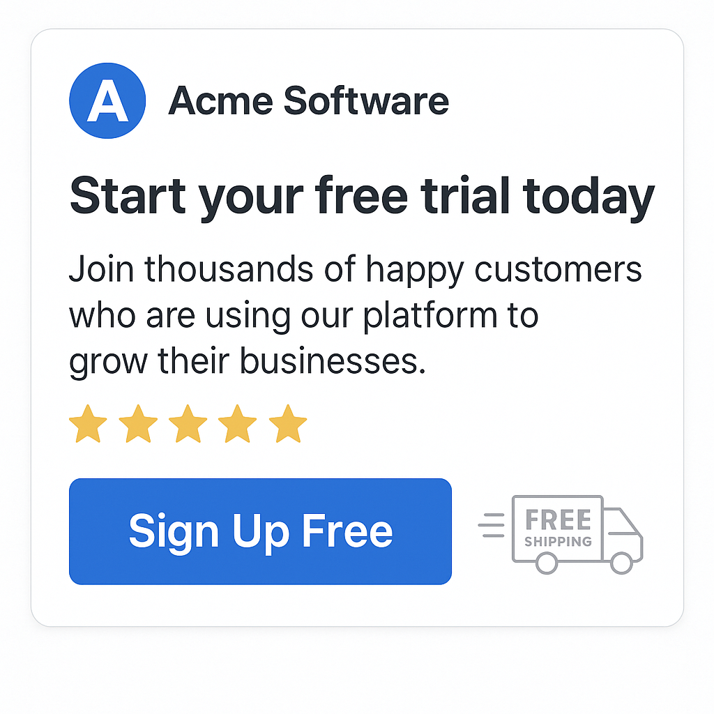 Facebook ad mockup with a white background showing a product image, five-star rating, free shipping, and a “Sign Up” button.