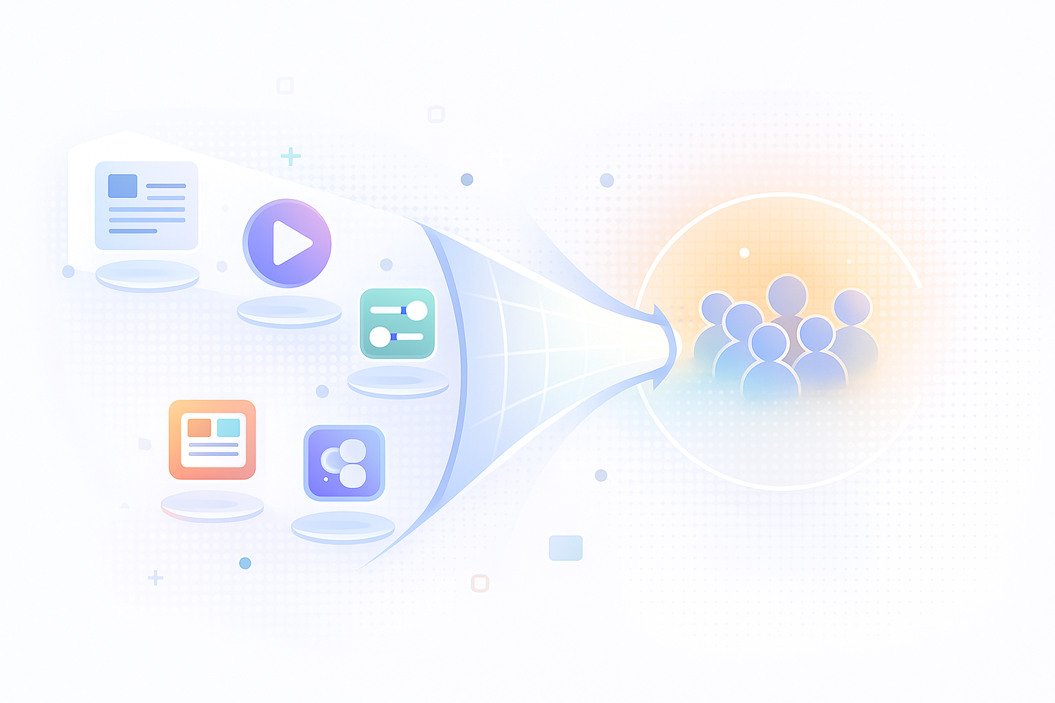 Flat illustration showing content icons flowing through a funnel toward a warm audience zone.