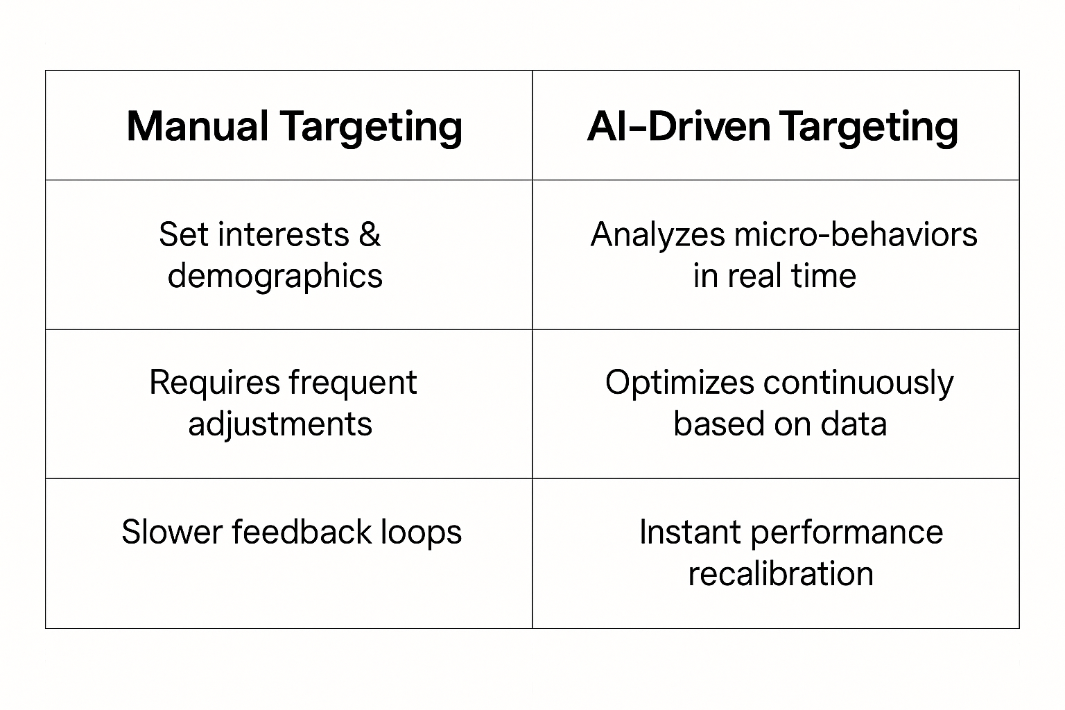 Comparison table showing differences between manual targeting and AI-driven targeting in advertising, including criteria like data usage, optimization, feedback speed, and audience modeling.