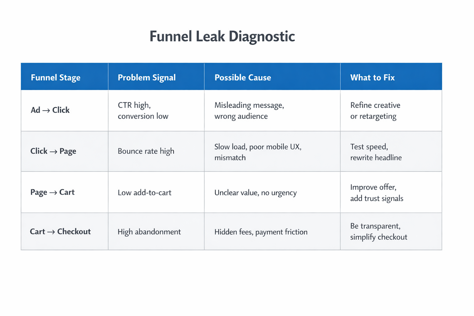 Facebook Ads Funnel Leak Diagnostic Table for Fixing Conversion Drop-Off