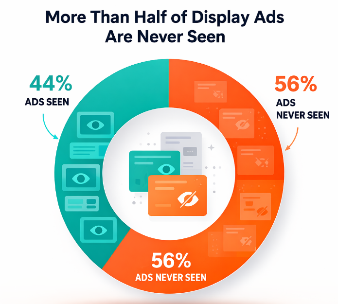 Pie chart showing that 56% of display ads are never seen while only 44% become visible to users