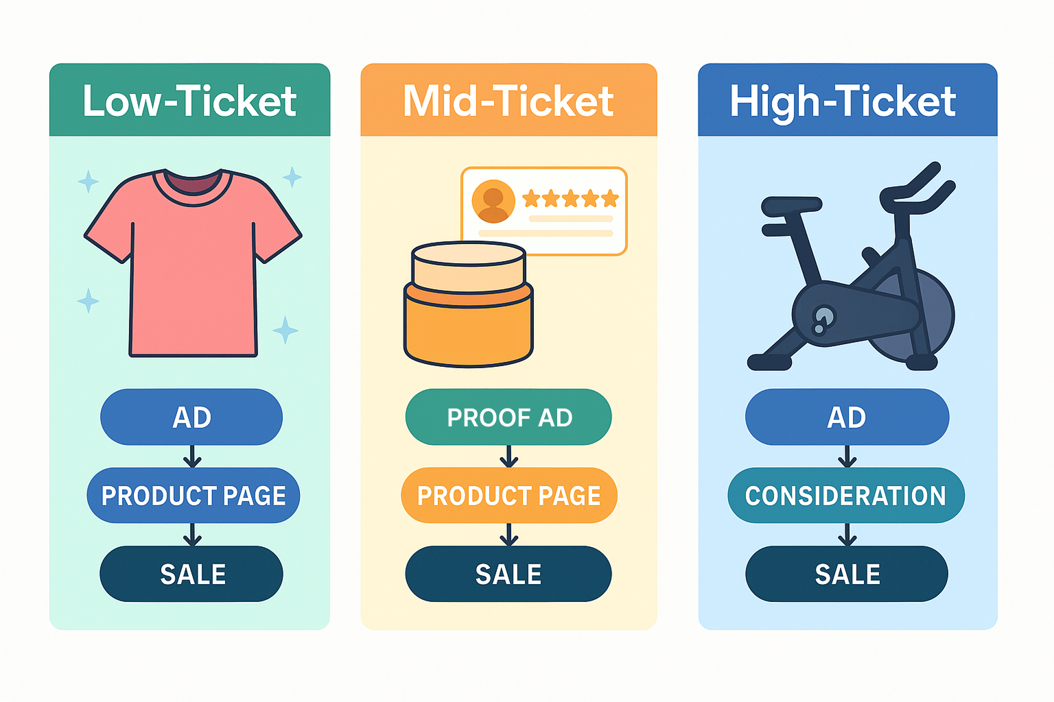 Three illustrated panels comparing campaign structures for low-ticket, mid-ticket, and high-ticket products.