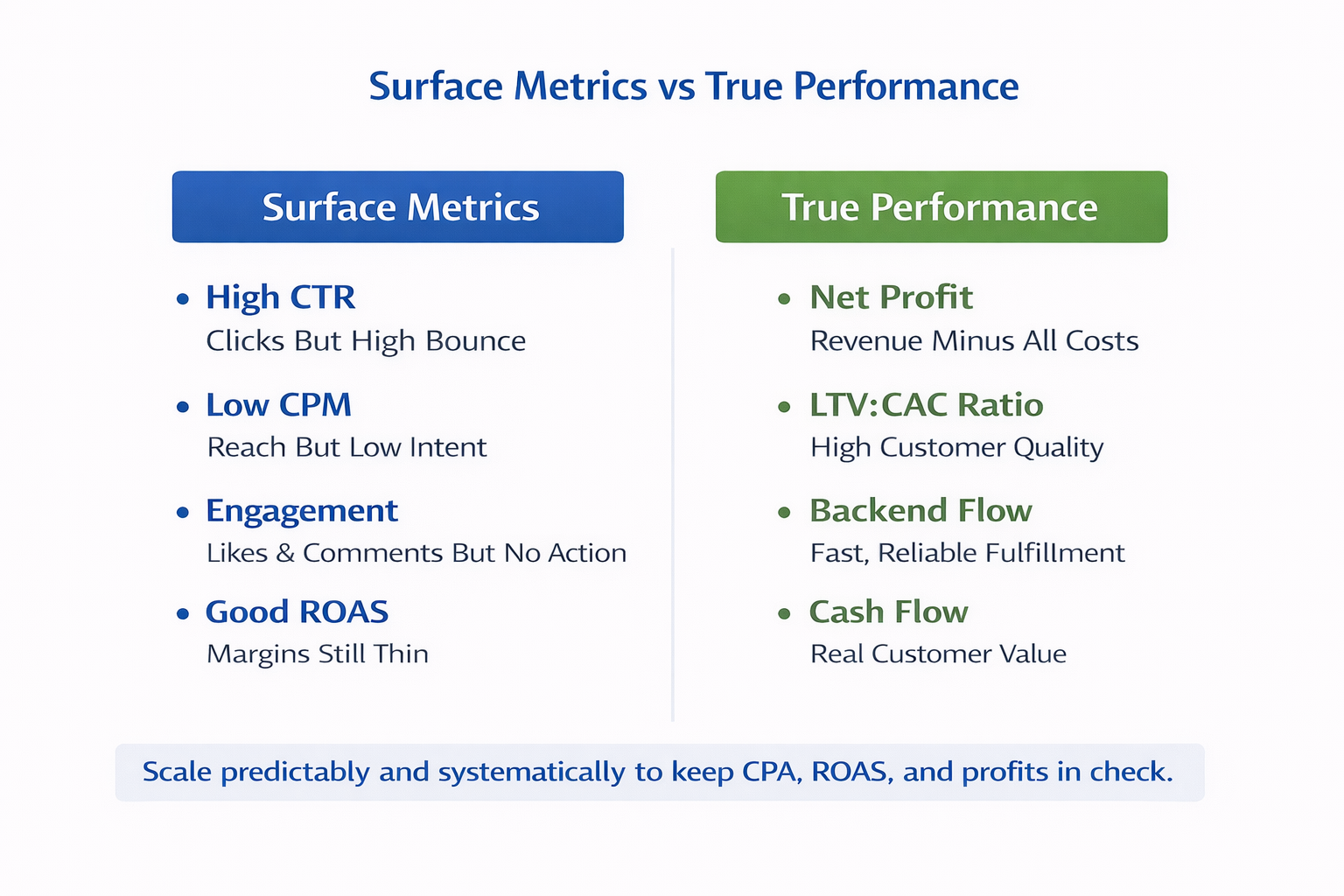 Side-by-side list comparing surface Facebook ad metrics like CTR and CPM with deeper success indicators like profit and LTV:CAC ratio.
