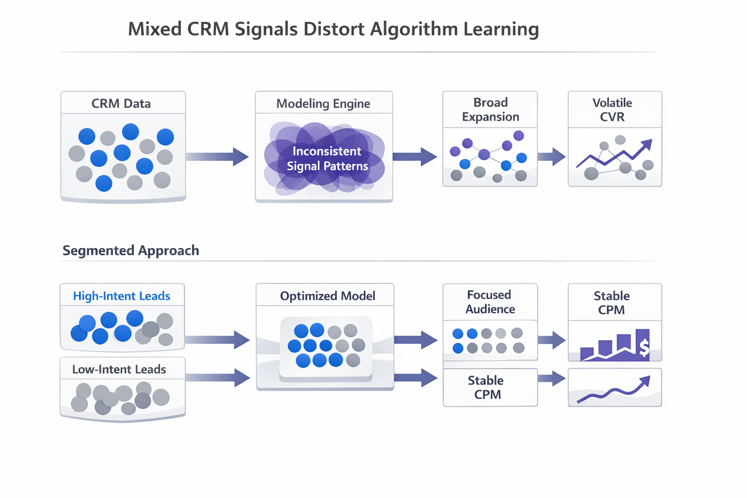 CRM segmentation impact on ad performance showing mixed lead quality signals causing unstable audience targeting, rising CPM, and volatile conversion rates
