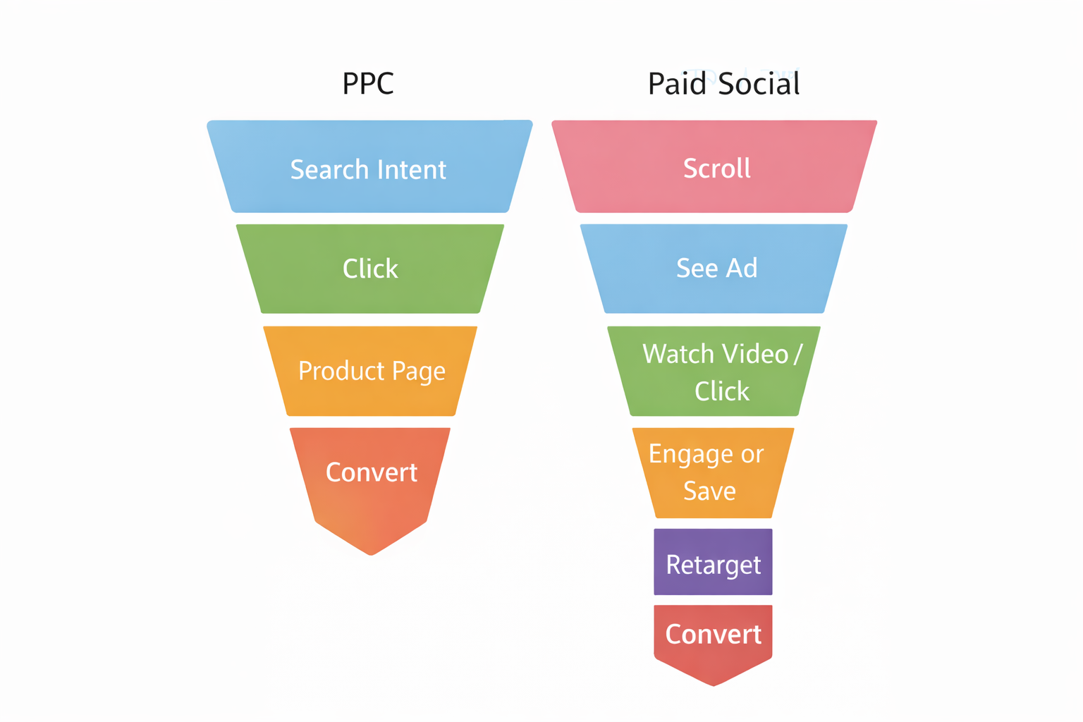 PPC vs Paid Social funnel diagram comparing conversion journeys and user behavior across ad platforms.
