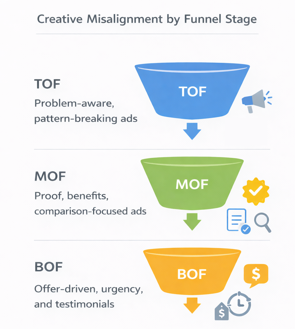 Funnel diagram showing TOF, MOF, and BOF stages with aligned creative types for each stage in a paid ad campaign.