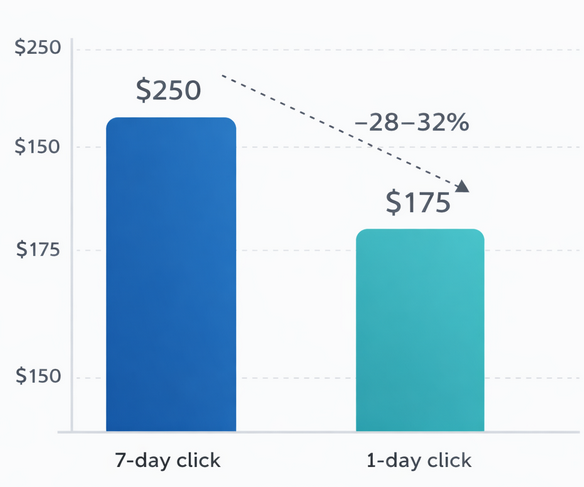 A bar chart comparing reported ROAS using a 7-day click attribution window versus a 1-day click attribution window, showing a 28&ndash;32% drop in reported performance with the shorter window