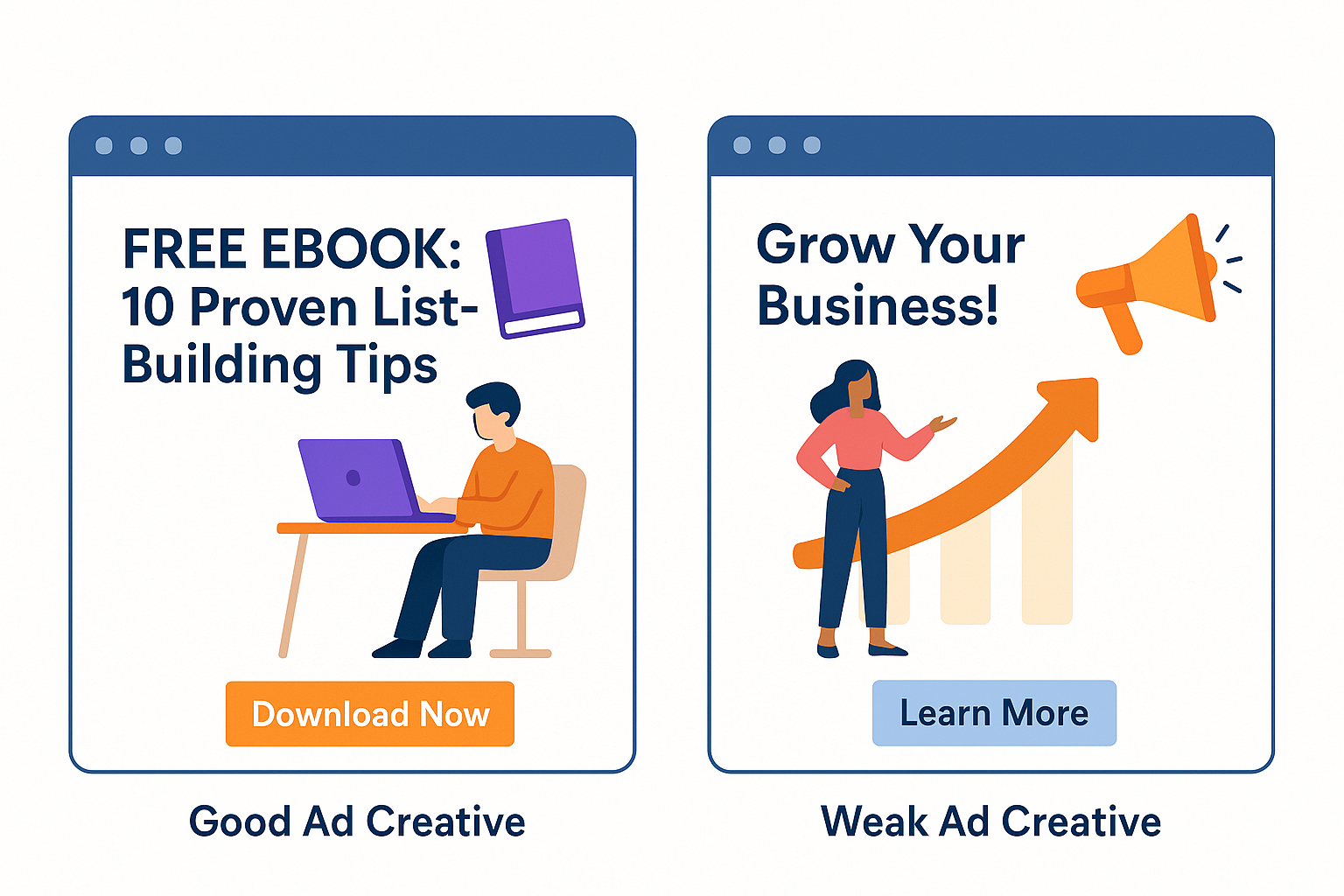 Side-by-side comparison of good and weak ad creatives, showing differences in headline clarity, visuals, and call-to-action buttons.
