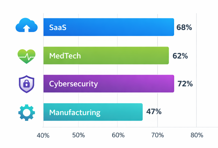 A horizontal bar chart showing paid social performance benchmarks: SaaS 68%, MedTech 62%, Cybersecurity 72%, Manufacturing 47%