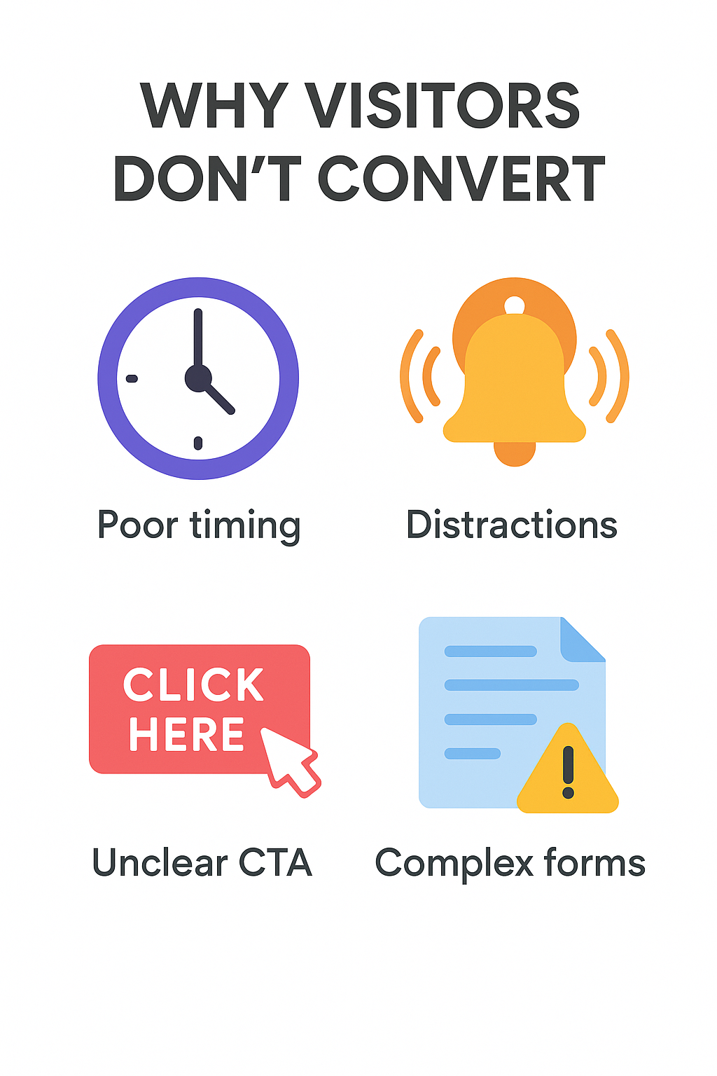 Infographic showing four reasons why website visitors don’t convert: bad timing, distractions, poor CTAs, and negative experience, each with a colorful icon on a white background.