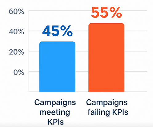 Bar chart showing 45 percent of campaigns meeting KPIs and 55 percent failing, illustrating the high rate of underperformance