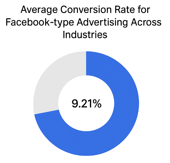Donut chart illustrating an average conversion rate of 9.21% for Facebook-type advertising across industries.