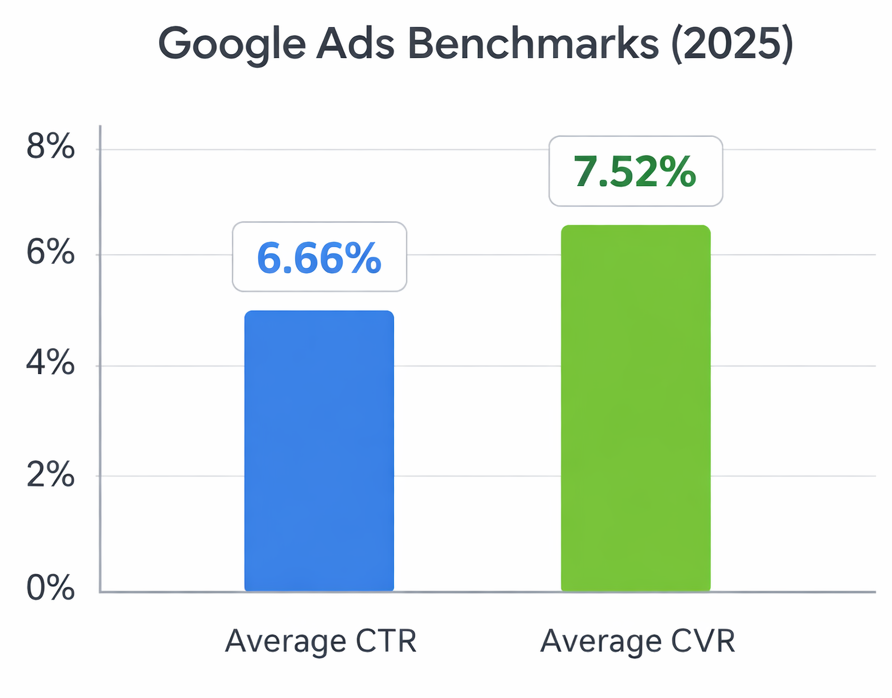 Dual bar chart comparing average 2025 Google Ads click-through rate (6.66%) with average conversion rate (7.52%)