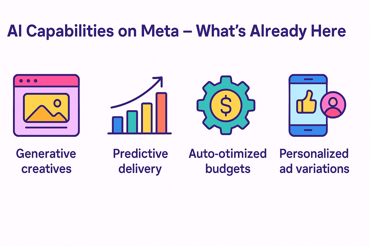 Horizontal infographic showing four AI features on Meta: generative creatives, predictive delivery, auto-optimized budgets, and personalized ad variations.