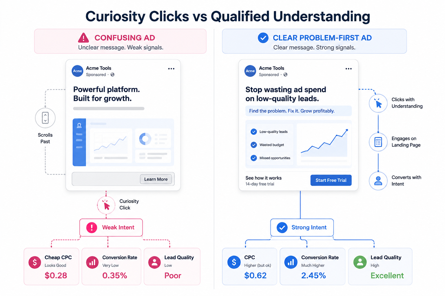 Split-screen comparison between a confusing Facebook ad that generates weak-intent curiosity clicks and a clear problem-first ad that attracts higher-quality conversions.