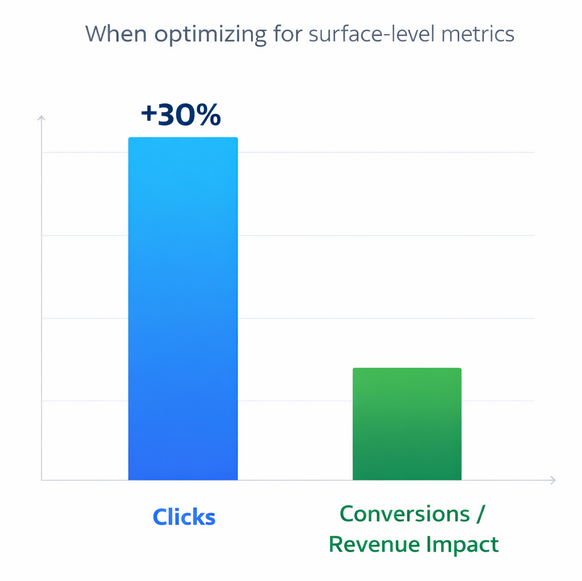 Bar chart comparing click increases of up to 30% versus minimal improvement in conversions/revenue when optimizing for surface-level metrics