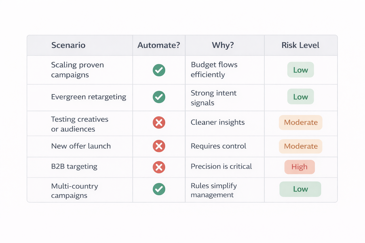 Table showing when to automate Facebook Ads based on campaign scenarios, with reasons and risk levels.