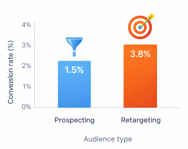 Bar chart comparing conversion rates: prospecting audiences average about 1.5% conversion rate while retargeting audiences average about 3.8%