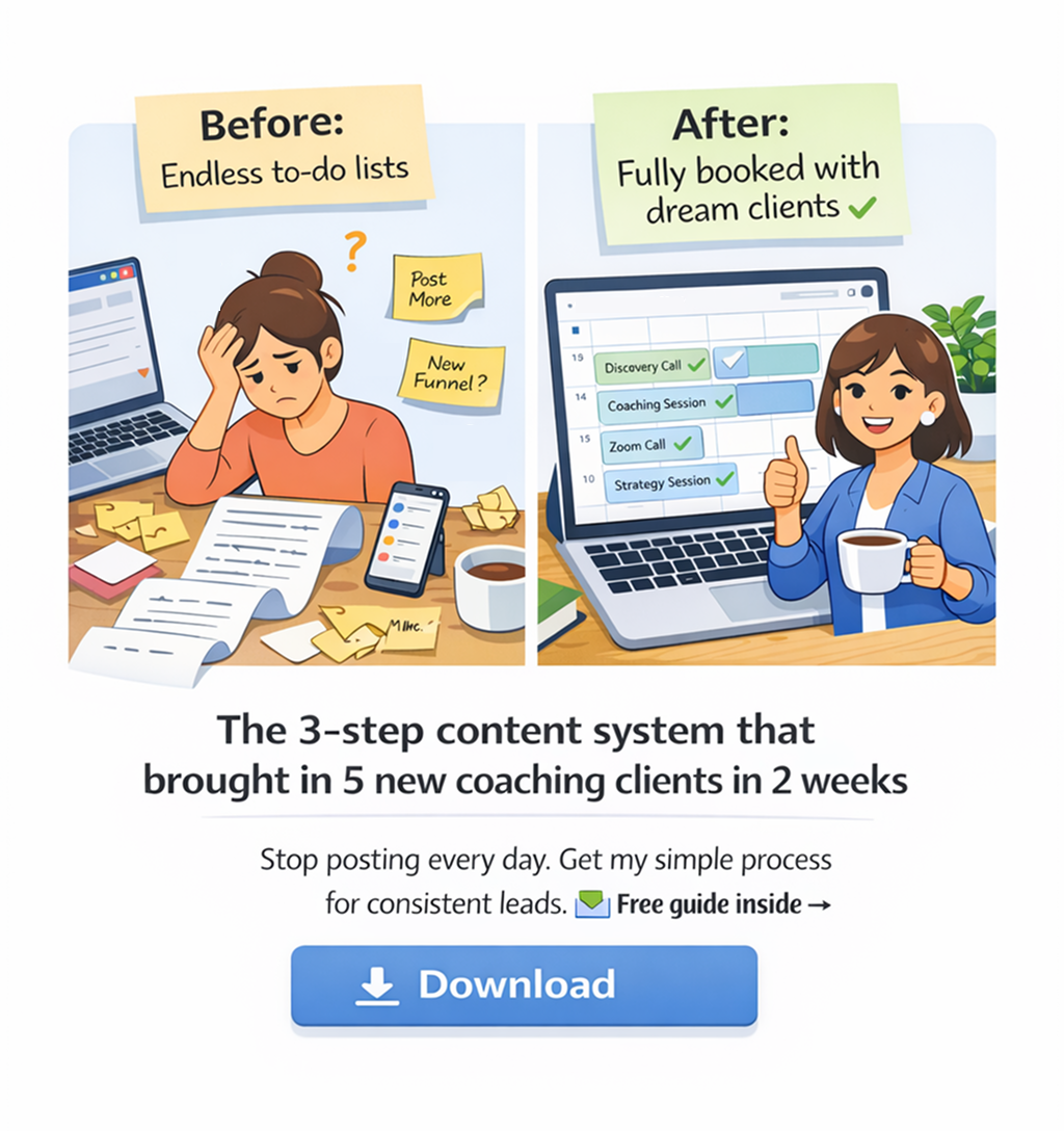SaaS-style Meta ad mockup showing a coach&rsquo;s transformation from content overwhelm to a fully booked calendar using a simple content system.