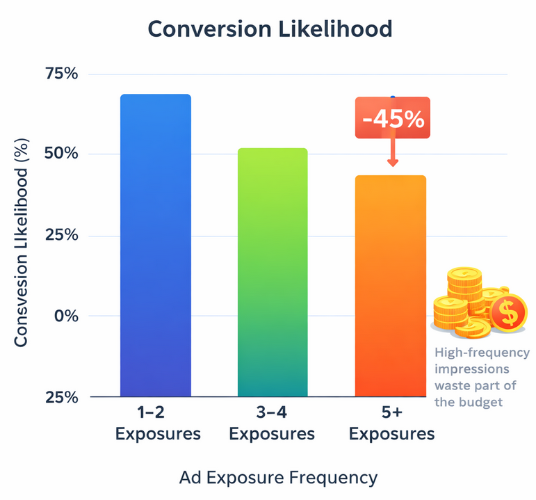 Bar chart showing conversion likelihood dropping by 45% after four exposures versus initial exposures