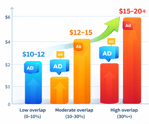 Bar chart showing how Meta Ads CPM increases as audience overlap grows from low (0&ndash;10%) to high (30%+)