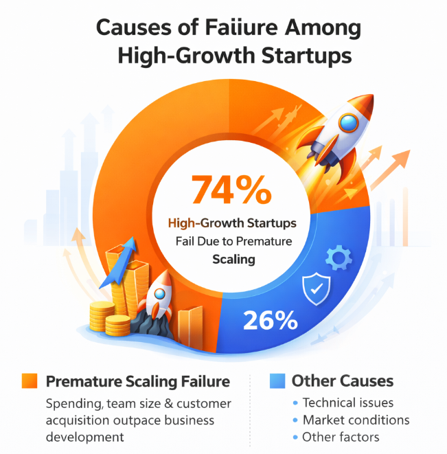 Donut chart showing that 74 percent of high-growth startups fail due to premature scaling while 26 percent fail for other reasons