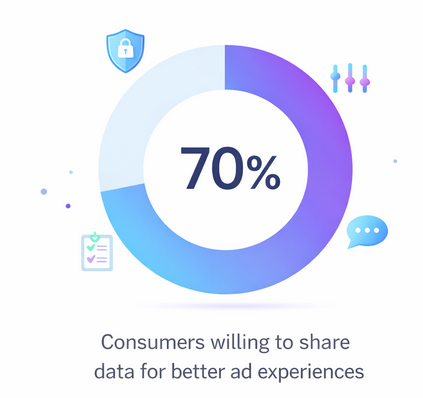 Donut chart showing that 70 percent of consumers are willing to share personal data in exchange for more relevant advertising and personalized experiences