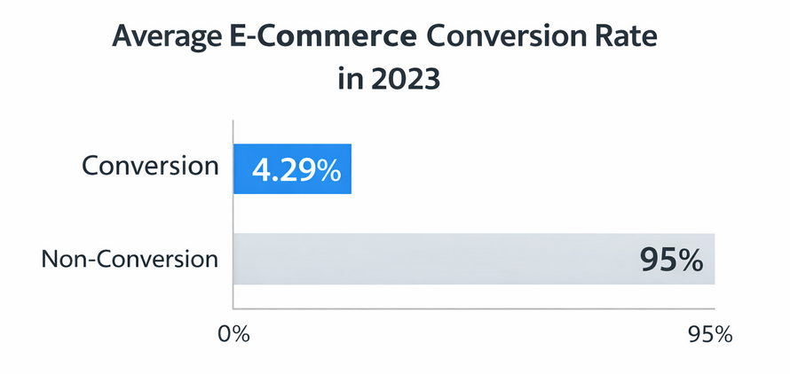 Bar chart showing e-commerce conversion rate of 4.29% versus 95% non-conversion rate