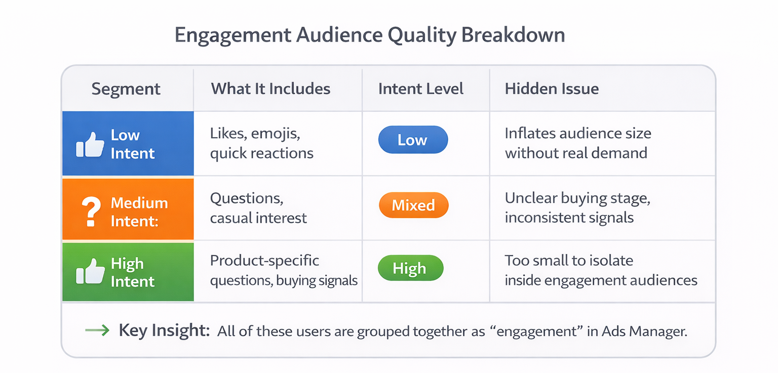 Engagement audience breakdown showing low, medium, and high intent segments grouped together