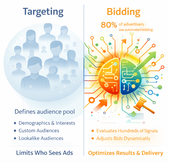 Illustration showing targeting as a limited audience pool and bidding as a dominant algorithm using real-time signals to optimize ad delivery