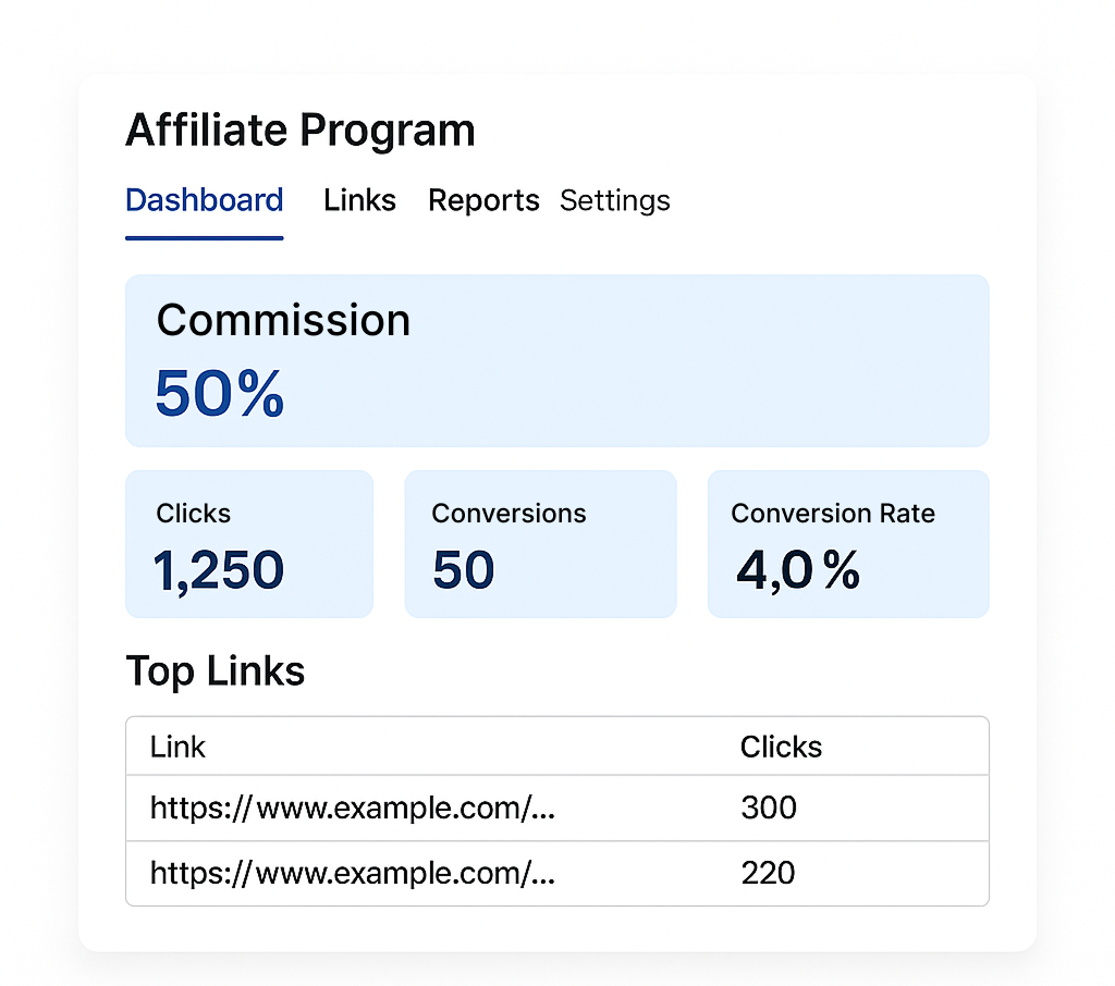 Clean affiliate dashboard interface showing commission rate, clicks, conversions, and top-performing links.