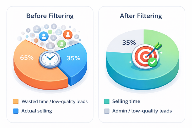 Side-by-side charts comparing sales time spent on unqualified leads versus productive selling before and after lead filtering
