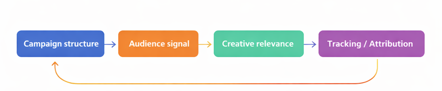 Colorful Facebook ads performance loop diagram showing campaign structure, audience signal, creative relevance, and attribution.