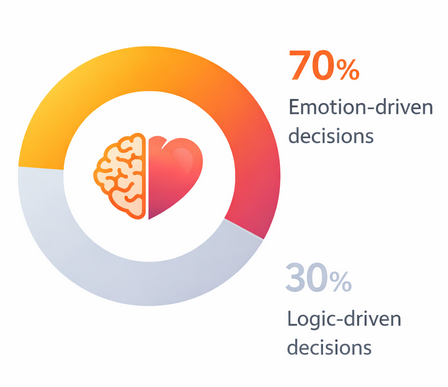 Donut chart showing 70% of consumer decisions driven by emotion and 30% driven by logic, emphasizing emotional dominance in decision-making