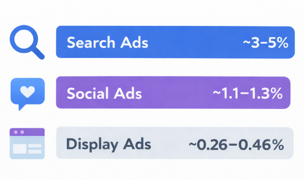 Comparison chart showing average click-through rates for search ads, social ads, and display ads, with search ads performing the highest