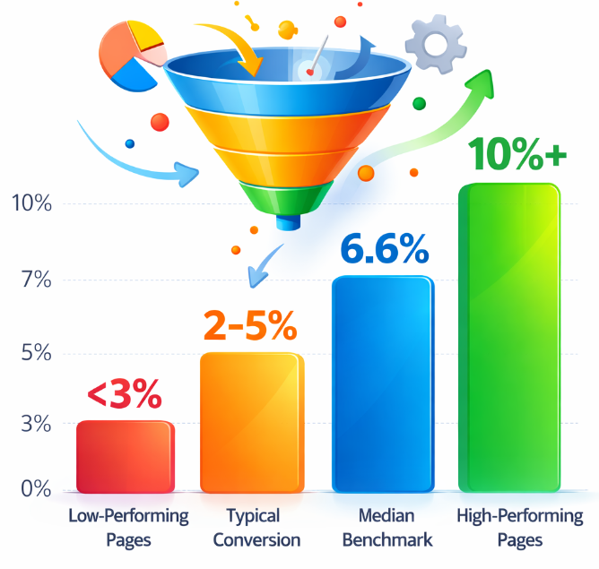 Bar chart showing landing page conversion benchmarks from under 3 percent to over 10 percent, highlighting the industry median of 6.6 percent