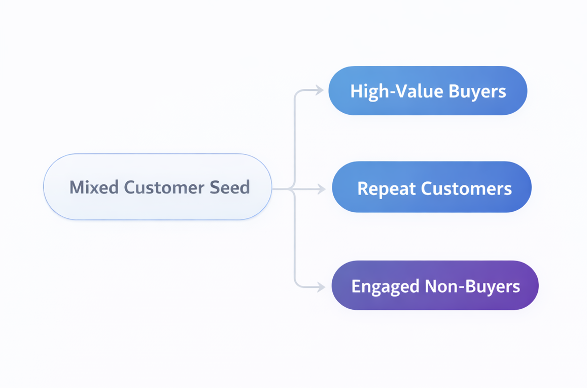 Seed audience segmentation diagram splitting mixed customer seed into high-value buyers, repeat customers, and engaged non-buyers