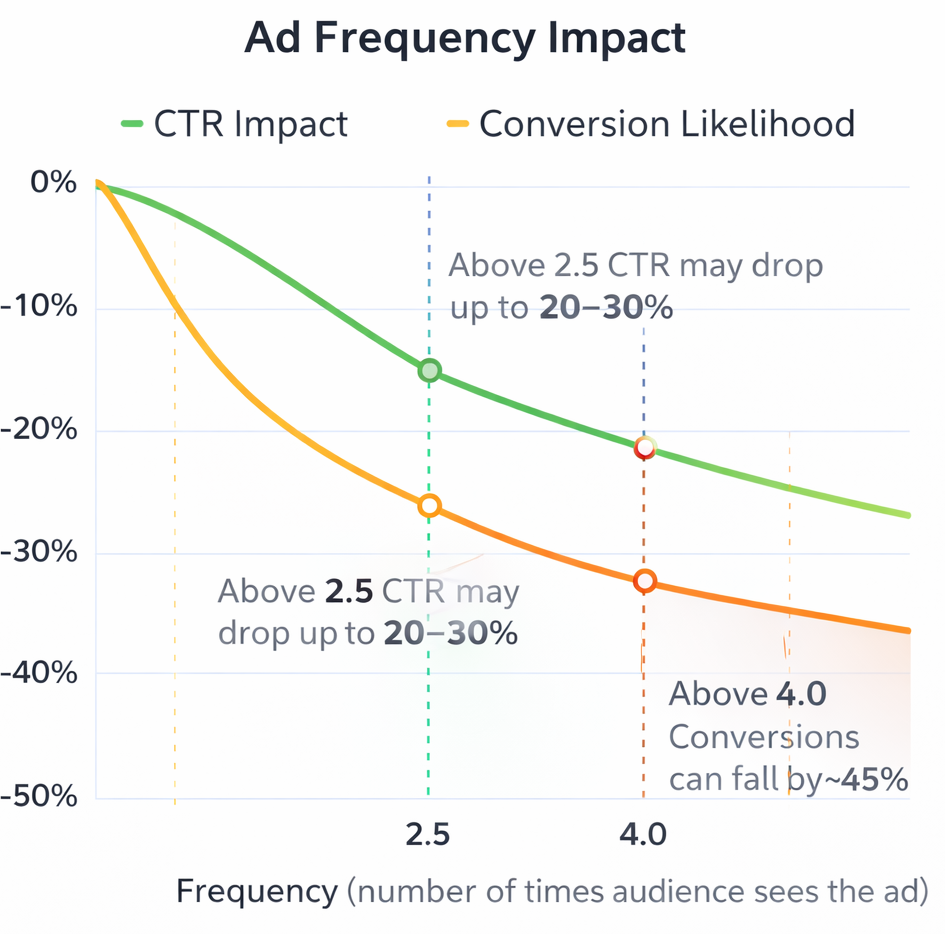 Line chart showing click-through rate dropping around frequency 2.5 and conversion likelihood falling sharply after frequency 4.0