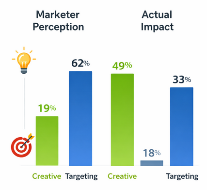 Bar chart comparing perceived vs actual impact of creative and targeting, showing creative is underestimated and contributes nearly half of results