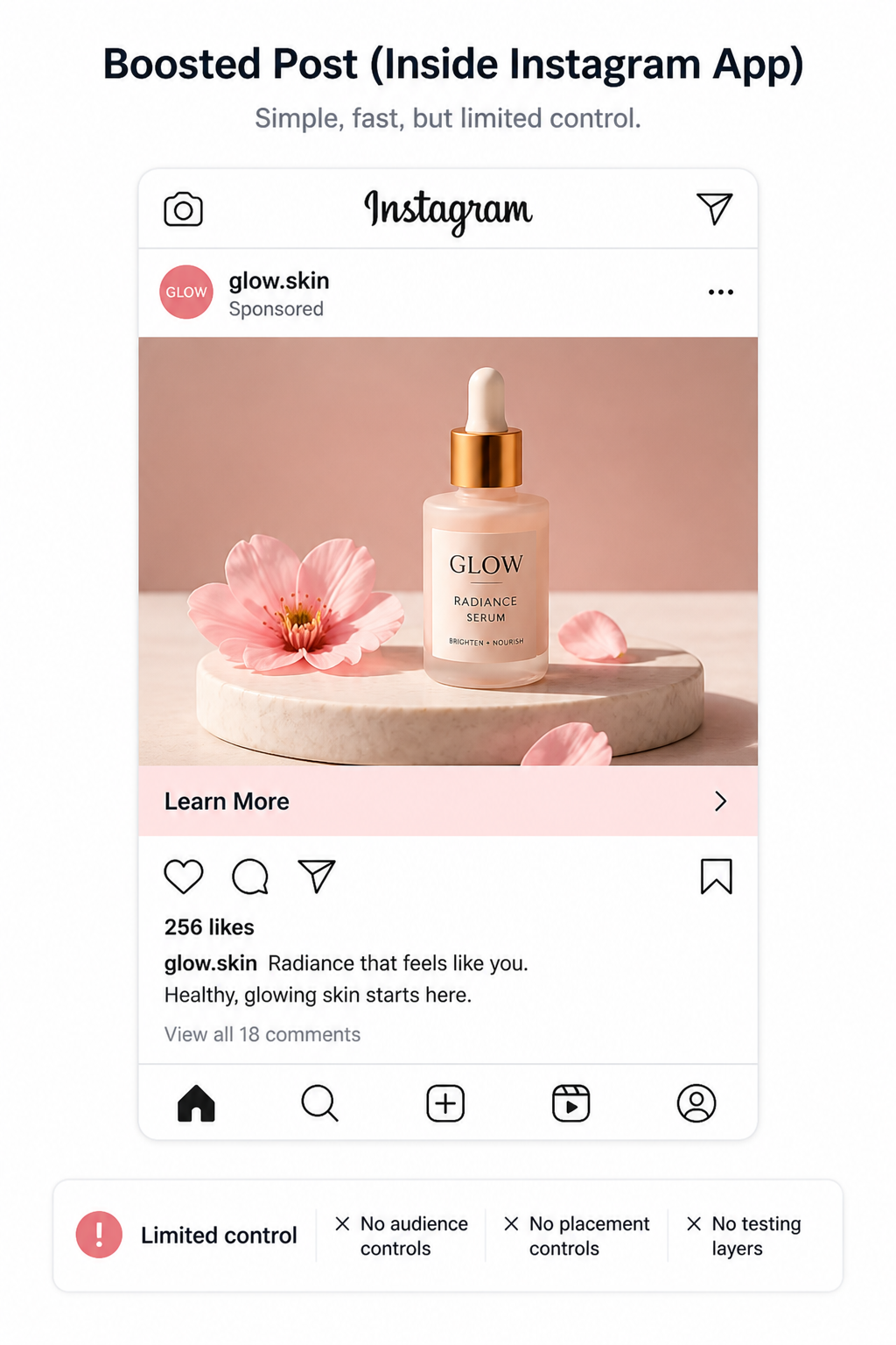 Example of a boosted Instagram post showing the Sponsored label and a simple Learn More CTA button, with no visible campaign structure or targeting controls.