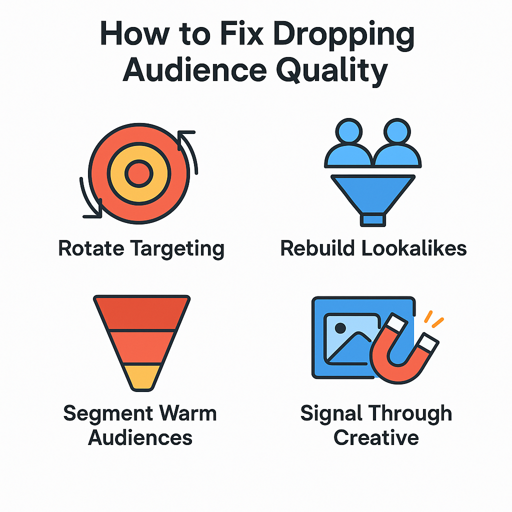 Infographic showing four icons and labels for fixing audience quality: Rotate Targeting, Rebuild Lookalikes, Segment Warm Audiences, and Signal Through Creative.
