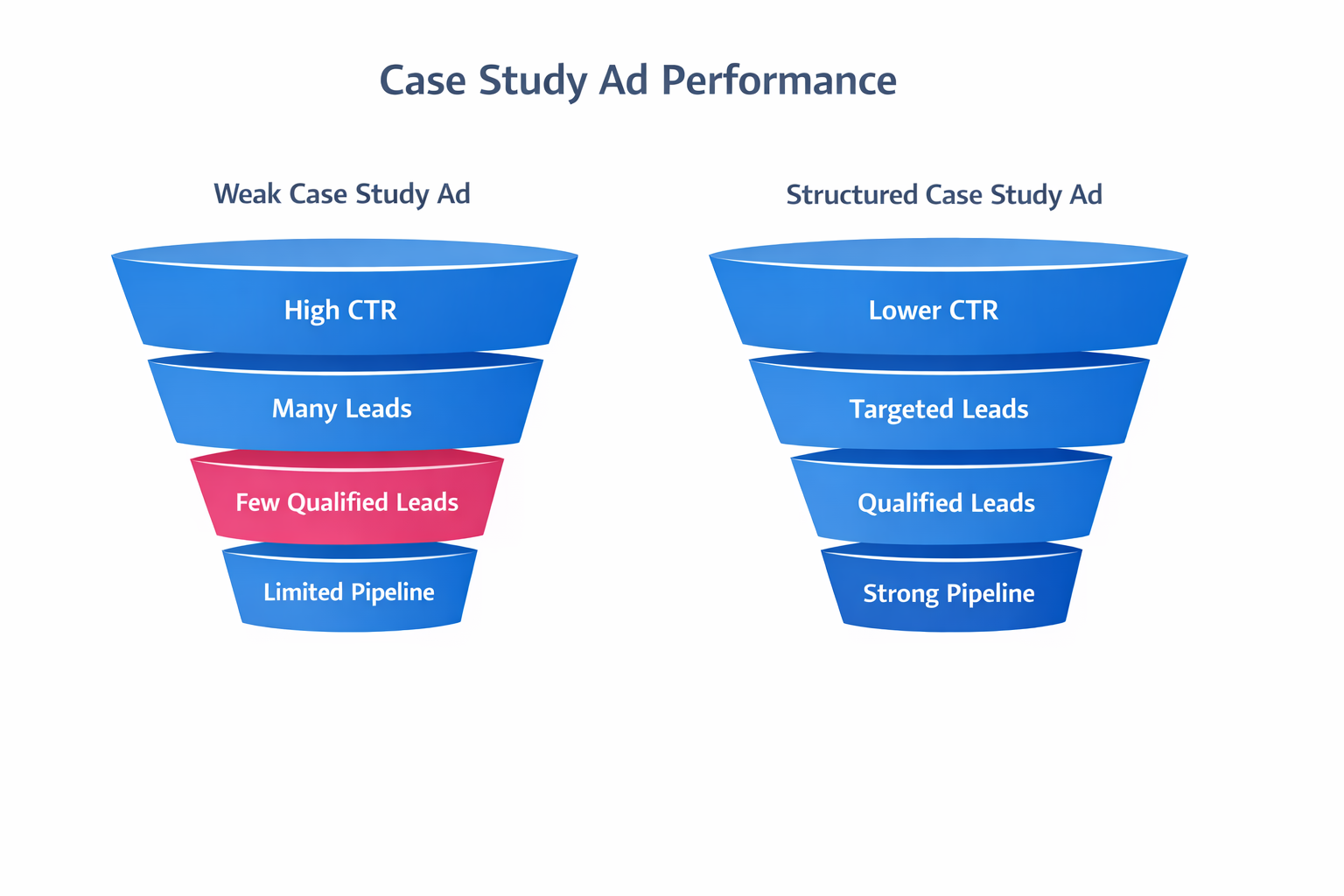 Side-by-side funnel comparison showing high CTR with poor qualification versus lower CTR with stronger pipeline outcomes