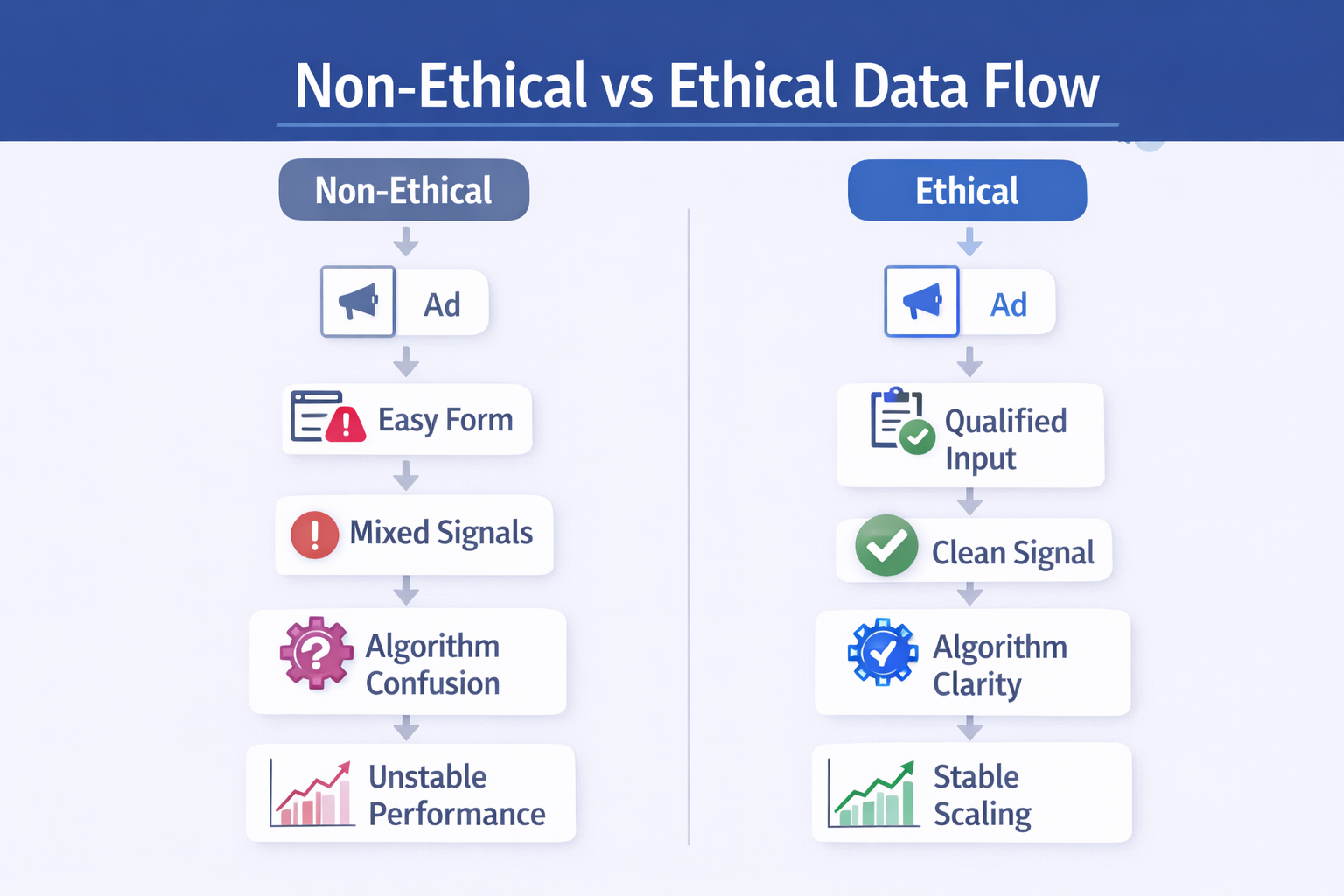 Comparison of non-ethical vs ethical data collection flows and their impact on campaign stability.