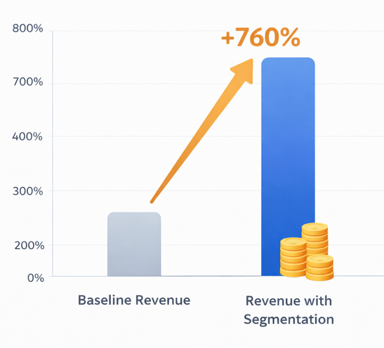 Column chart comparing baseline revenue with a 760% higher revenue figure achieved through audience segmentation