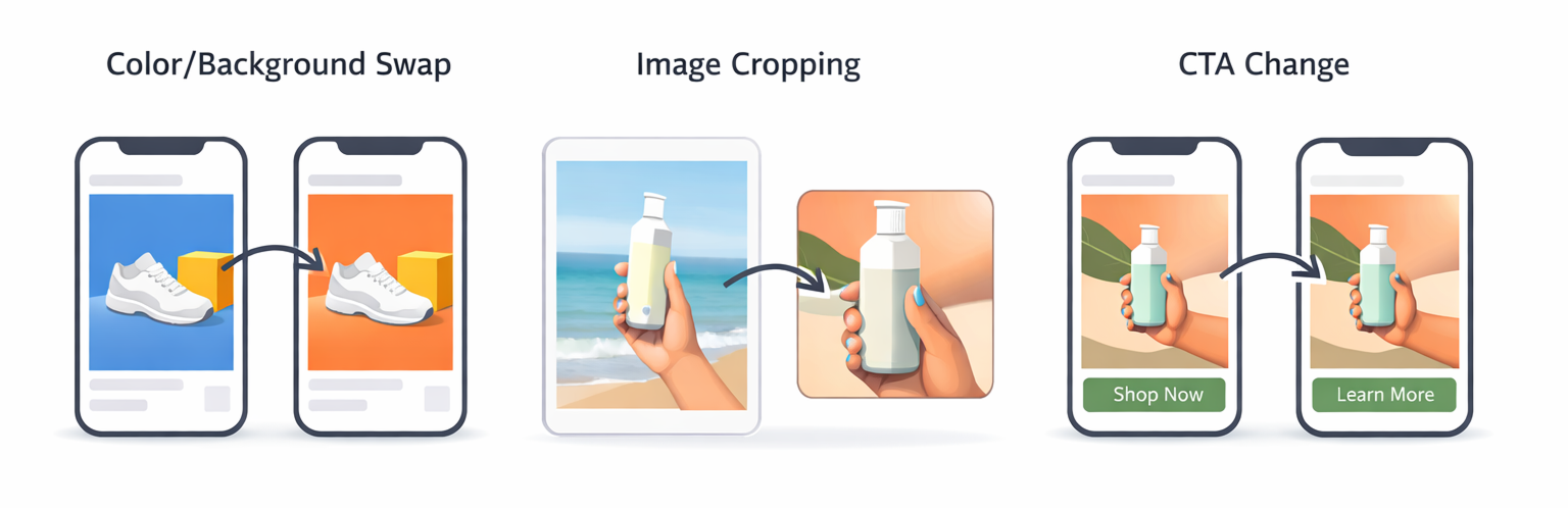 Three-panel illustration showing small ad creative updates like color changes, image cropping, and CTA variations.