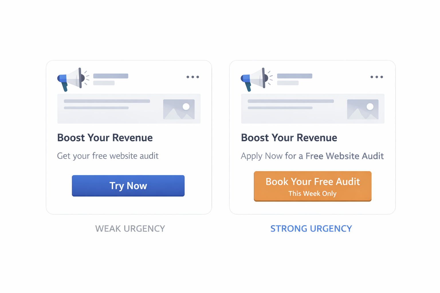 Side-by-side comparison of weak vs strong urgency in social ads, showing how time-sensitive CTAs drive action.