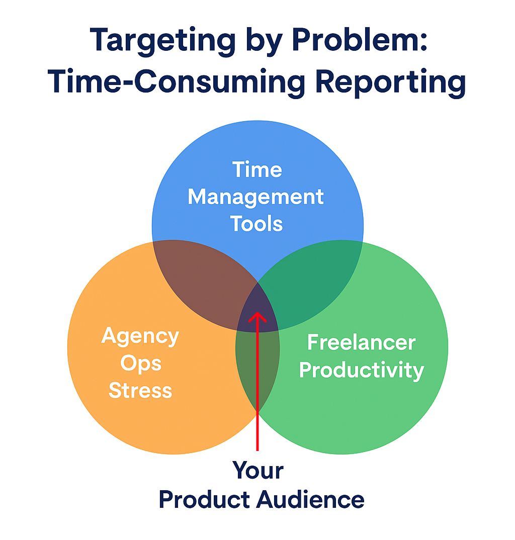 Venn diagram with three circles&mdash;Agency Ops Stress, Time Management Tools, and Freelancer Productivity&mdash;overlapping in the center labeled &ldquo;Your Product Audience,&rdquo; illustrating how shared problems define a more precise target audience.