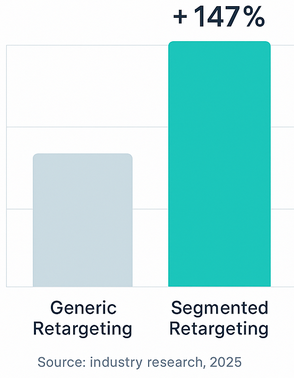 Vertical bar chart comparing conversion rates: ‘Generic Retargeting’ bar at 100% and ‘Segmented Retargeting’ bar at 247%, illustrating a 147% conversion rate increase through smart segmentation